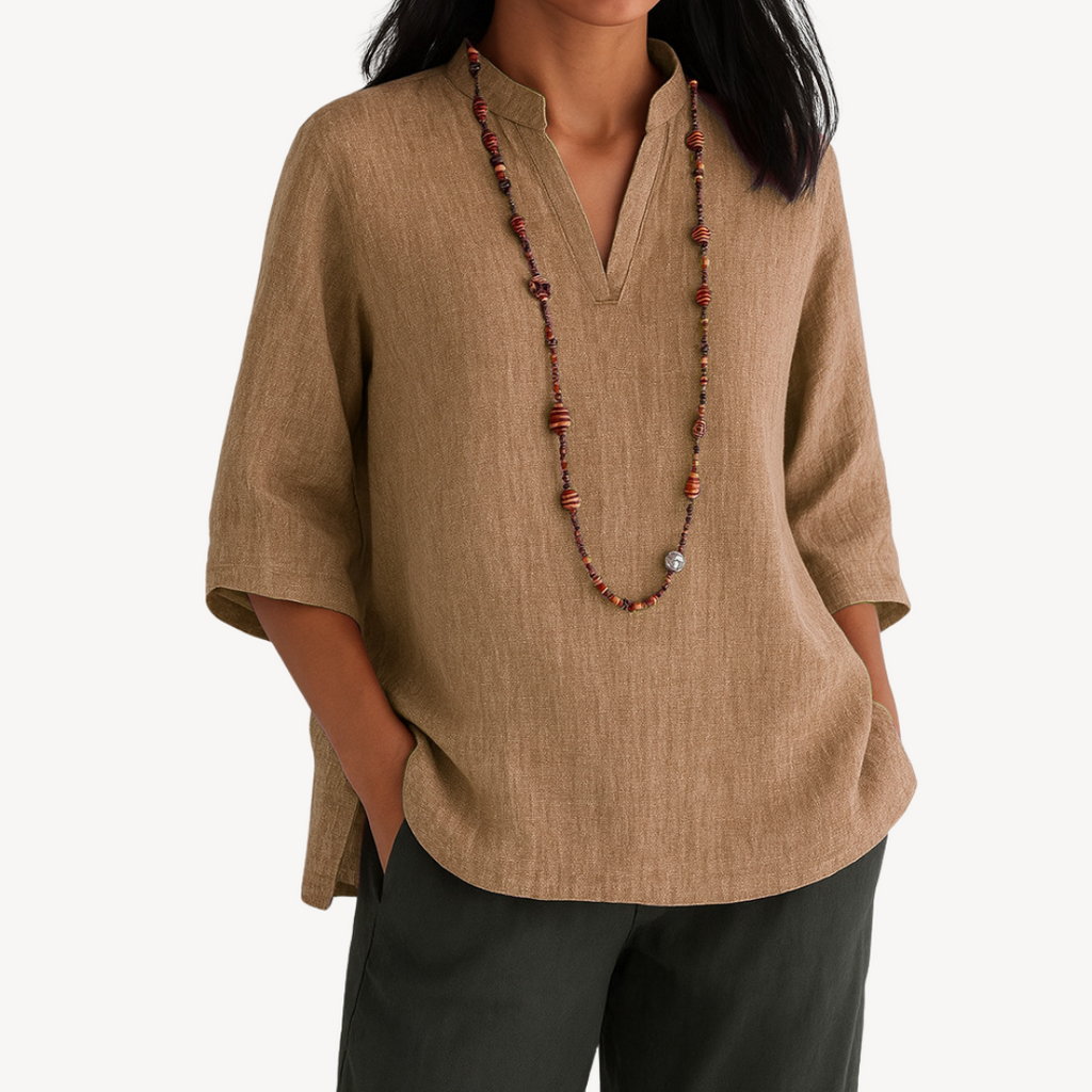 Linen Tunic Blouse with a V-Neck and 3/4 Sleeves
