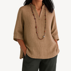 Linen Tunic Blouse with a V-Neck and 3/4 Sleeves