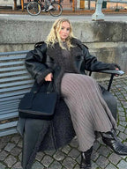 Single-Breasted Faux Leather Coat with Turn-Down Collar