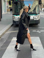 Single-Breasted Faux Leather Coat with Turn-Down Collar