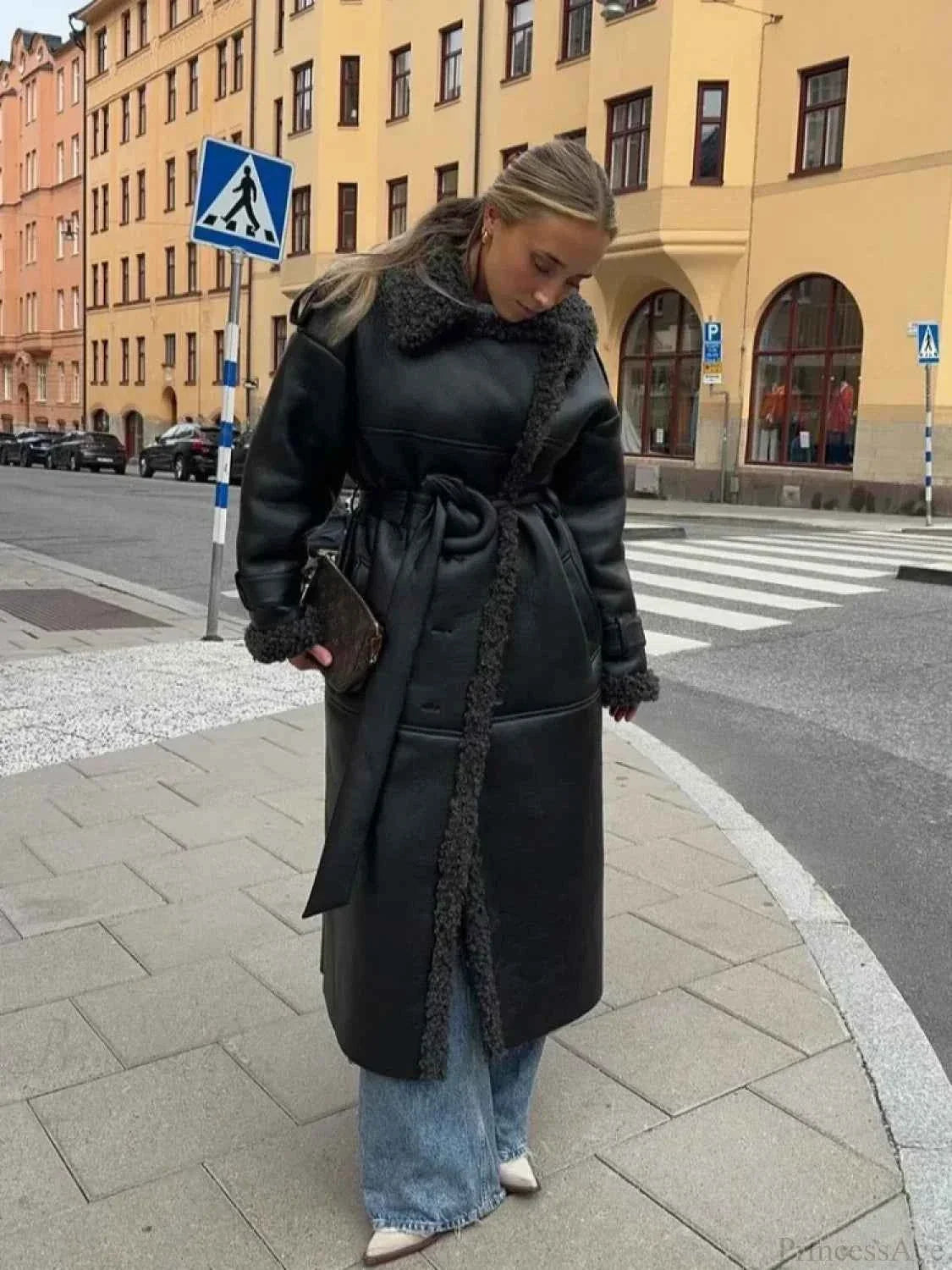 Single-Breasted Faux Leather Coat with Turn-Down Collar