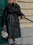 Single-Breasted Faux Leather Coat with Turn-Down Collar