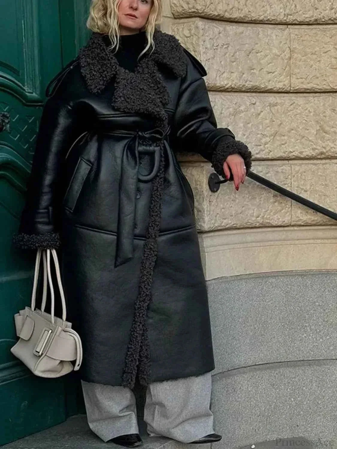 Single-Breasted Faux Leather Coat with Turn-Down Collar