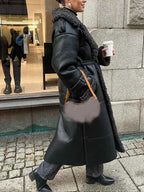 Single-Breasted Faux Leather Coat with Turn-Down Collar