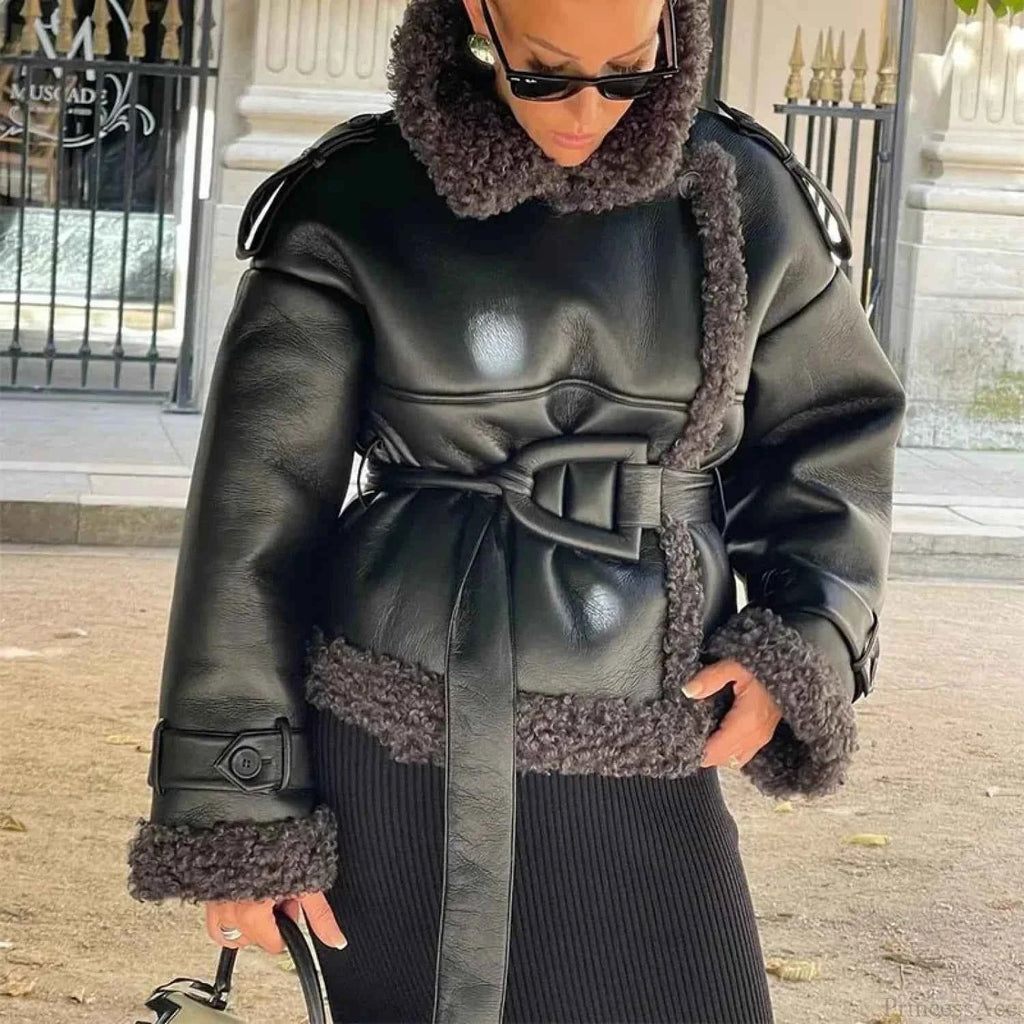 Single-Breasted Faux Leather Coat with Turn-Down Collar