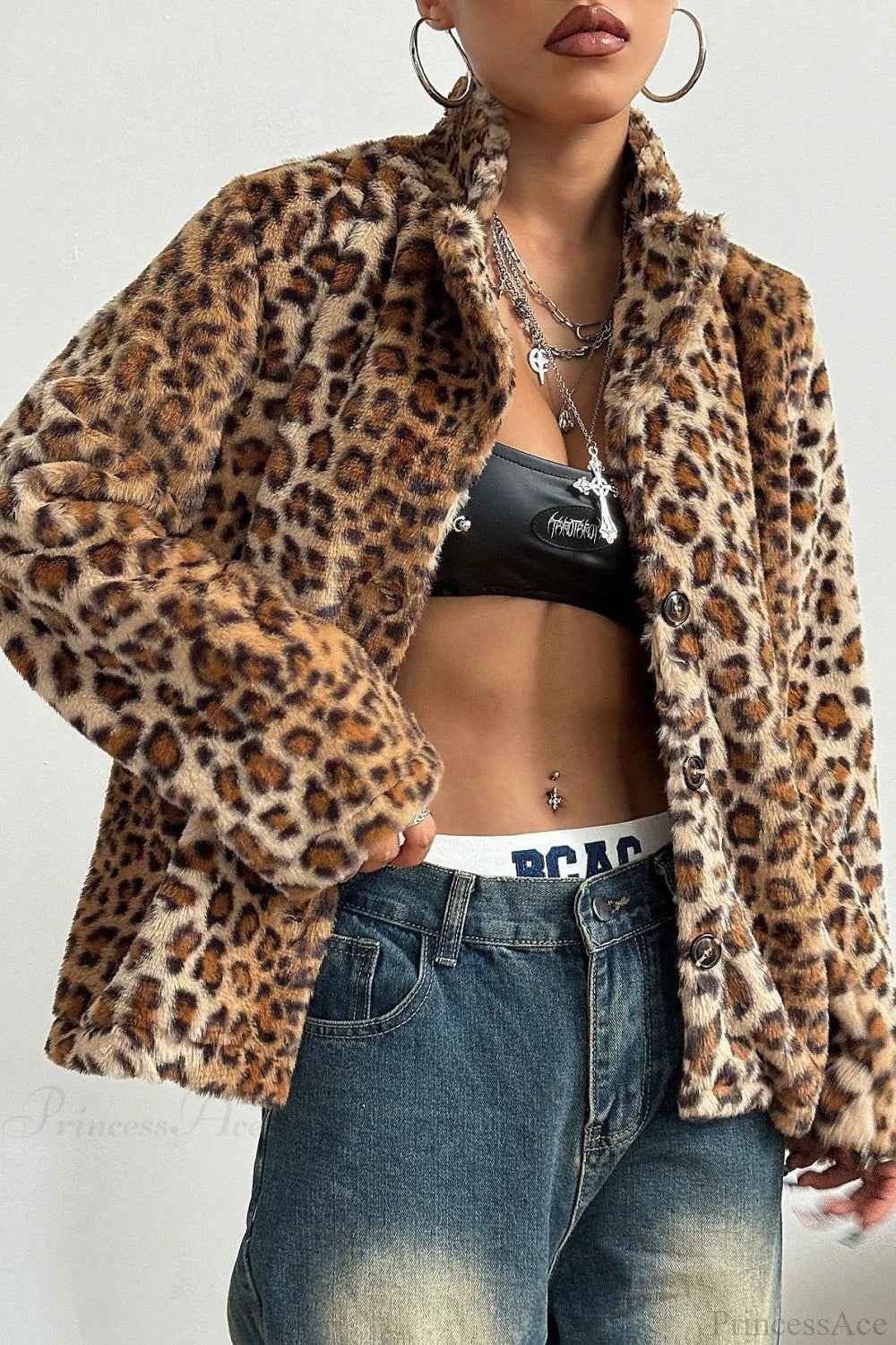 Leopard Print Faux Fur Coat with Notched Collar and Buttons