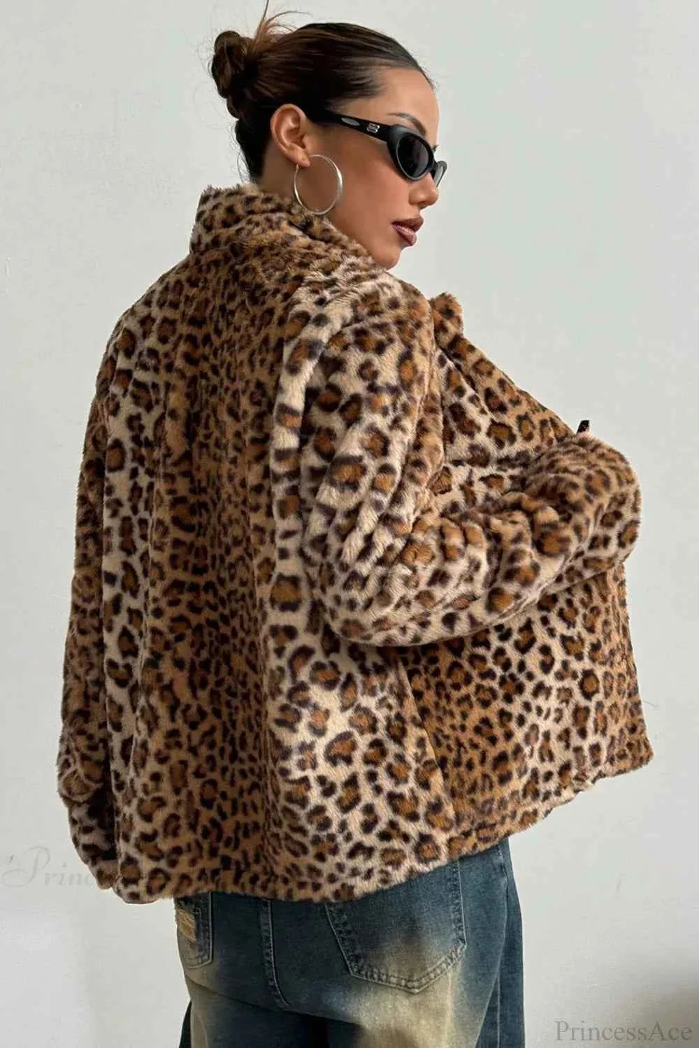 Leopard Print Faux Fur Coat with Notched Collar and Buttons