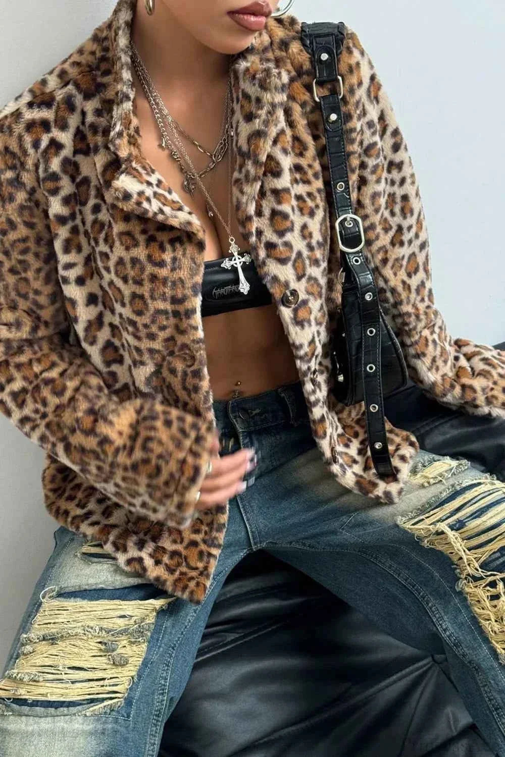 Leopard Print Faux Fur Coat with Notched Collar and Buttons