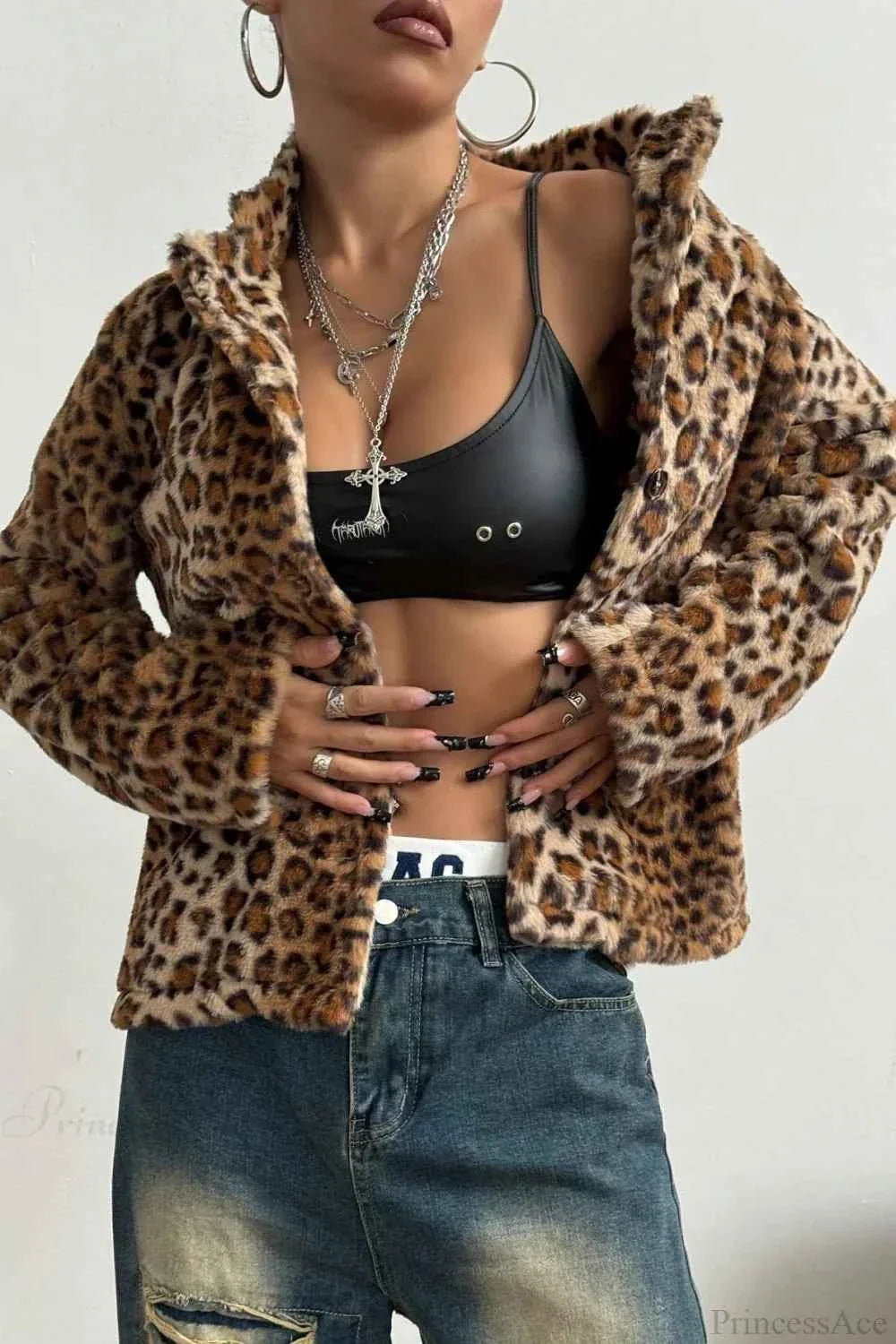 Leopard Print Faux Fur Coat with Notched Collar and Buttons