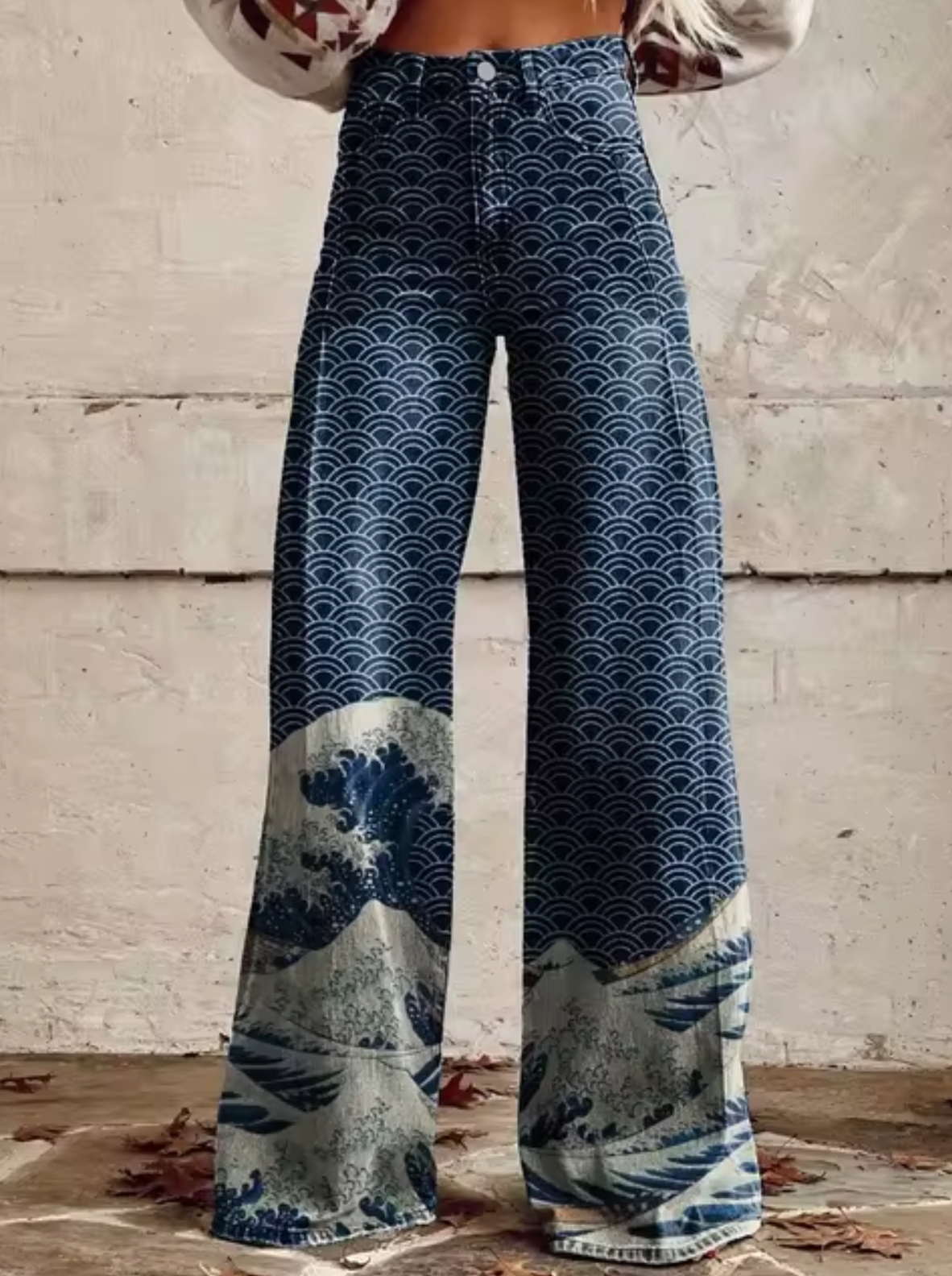 Broek met print, wijde pijpen, hoge taille en retro uitstraling