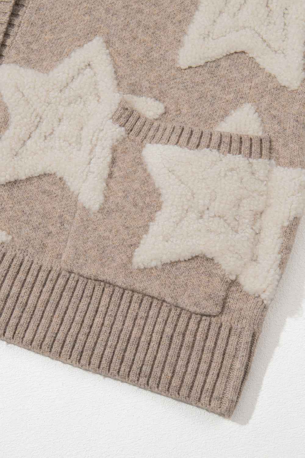Star Print Sherpa Cardigan with V Neck and Front Pockets