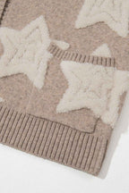 Star Print Sherpa Cardigan with V Neck and Front Pockets