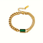 Gold-Tone Double Chain Bracelet with Green Baguette Stone