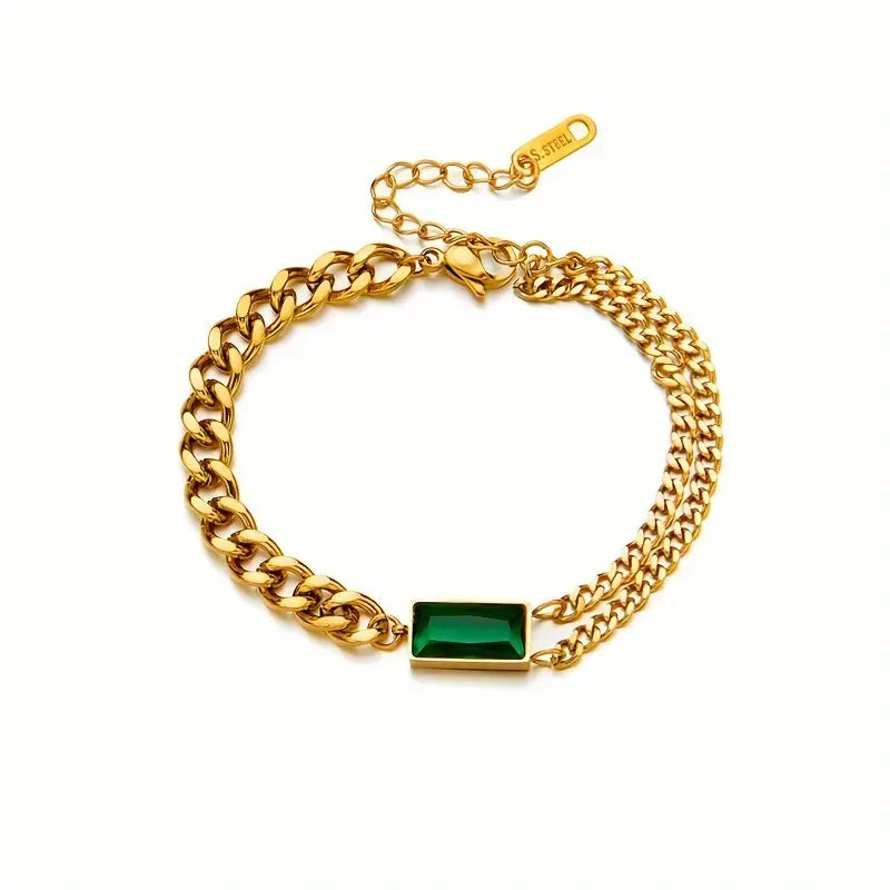 Gold-Tone Double Chain Bracelet with Green Baguette Stone