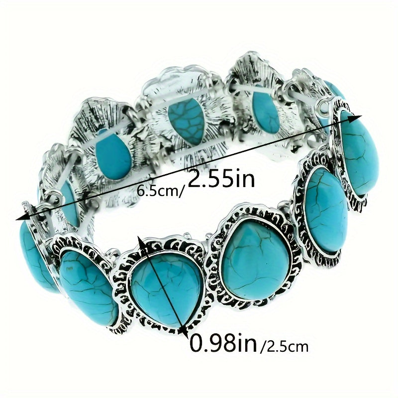 Vintage-Style Oval Turquoise Silver-Plated Statement Bracelet