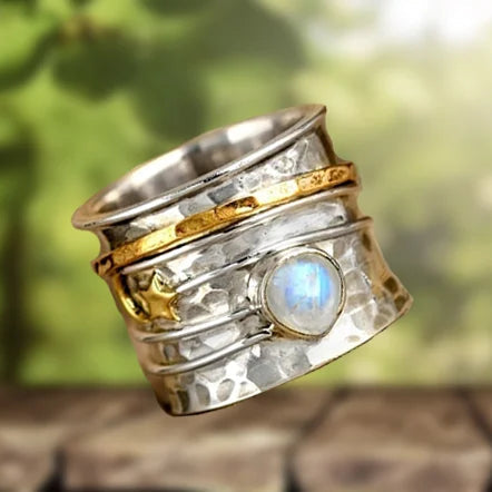 Star and Moon Moonstone Two-Tone Artisan Ring
