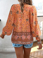 Floral Cotton Blouse with V-Neck Tie Detail