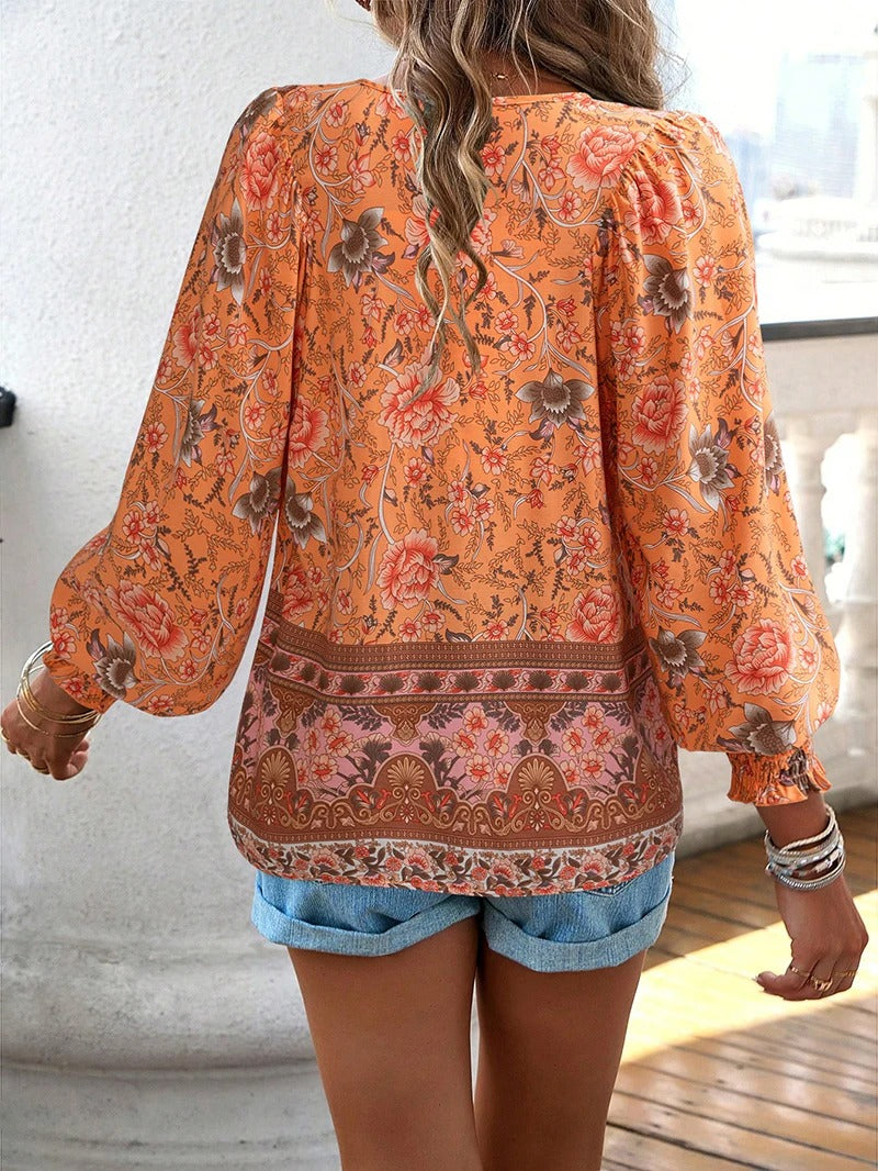 Floral Cotton Blouse with V-Neck Tie Detail
