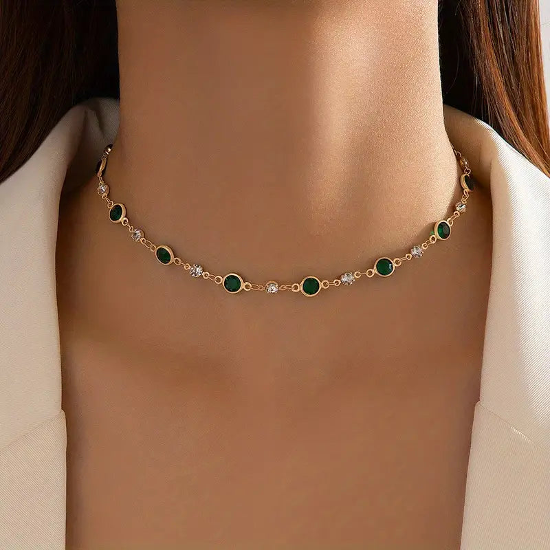 Green Stone Station Chain Necklace in Gold Tone