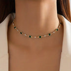 Green Stone Station Chain Necklace in Gold Tone