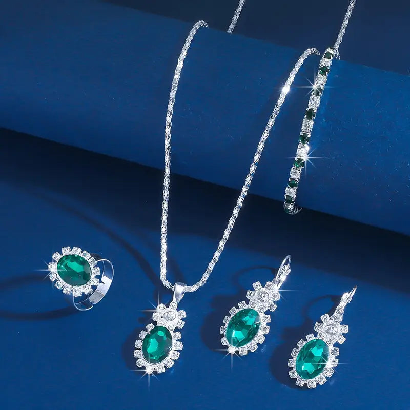Green Stone Halo Necklace, Earrings and Ring Set in White Gold Tone