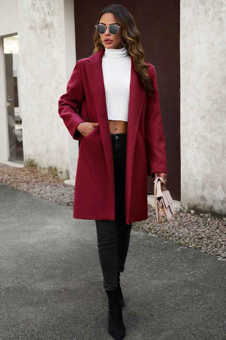 Solid Colour Longline Coat with Notched Collar and Buttons