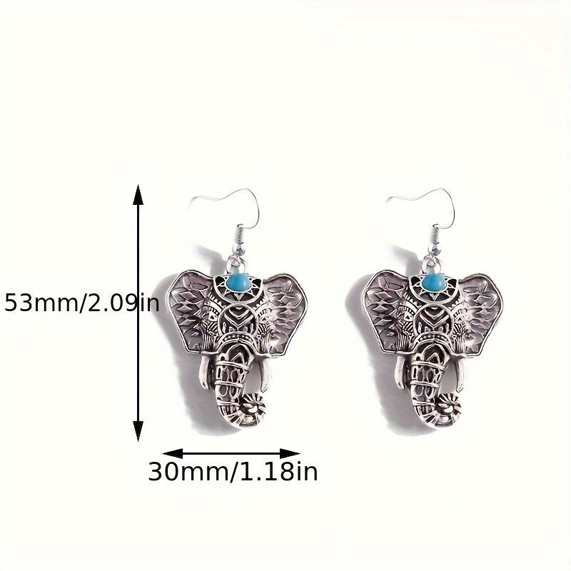 Vintage Turquoise Elephant Silver-Plated Boho Drop Earrings