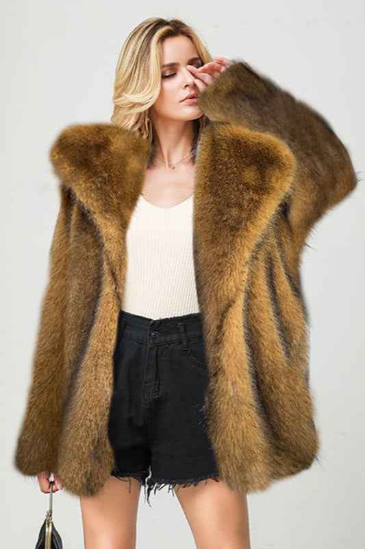 Mid Length Coat with Faux Fur Collar and Tailored Shape