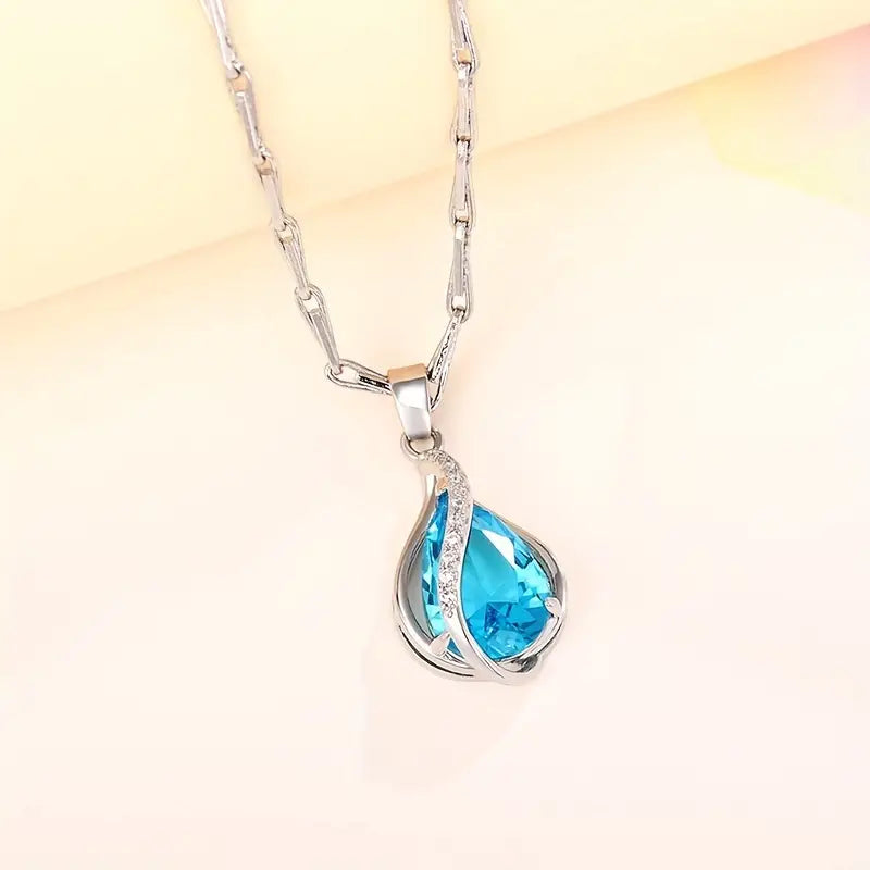 Blue Teardrop Stone Pendant Necklace in Silver Tone