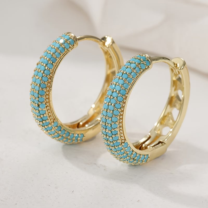 Turquoise-Look Pavé Hoop Earrings in Gold Tone