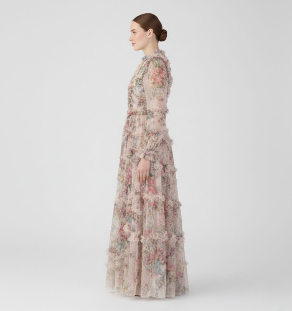 Floral Mock Neck Sheer Long Sleeve Maxi Dress