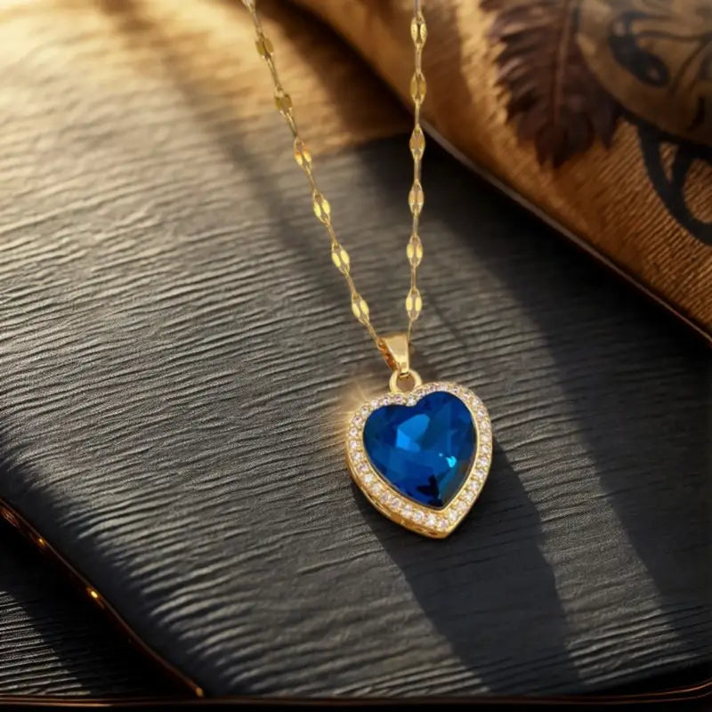 Blue Heart Stone Pendant Necklace in Gold Tone