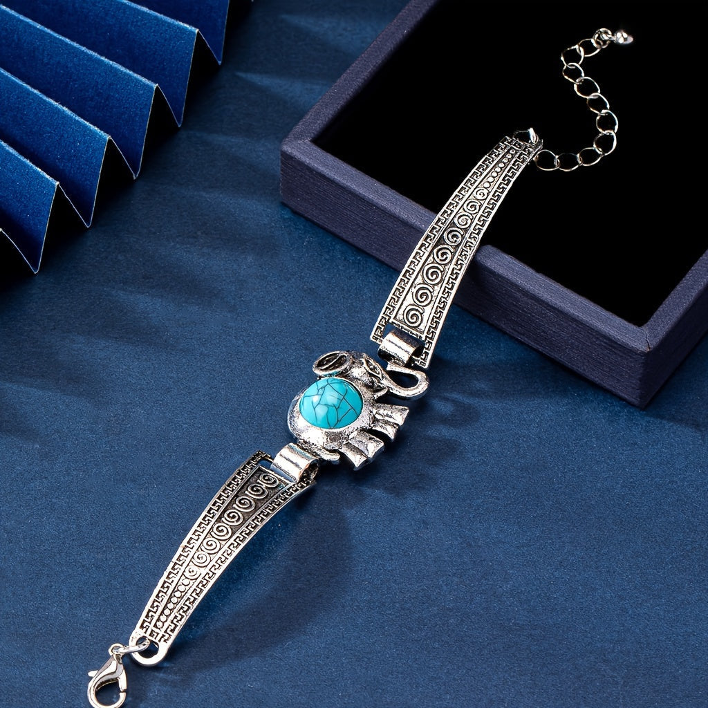 Vintage-Style Silver-Tone Bracelet with Turquoise-Look Accent