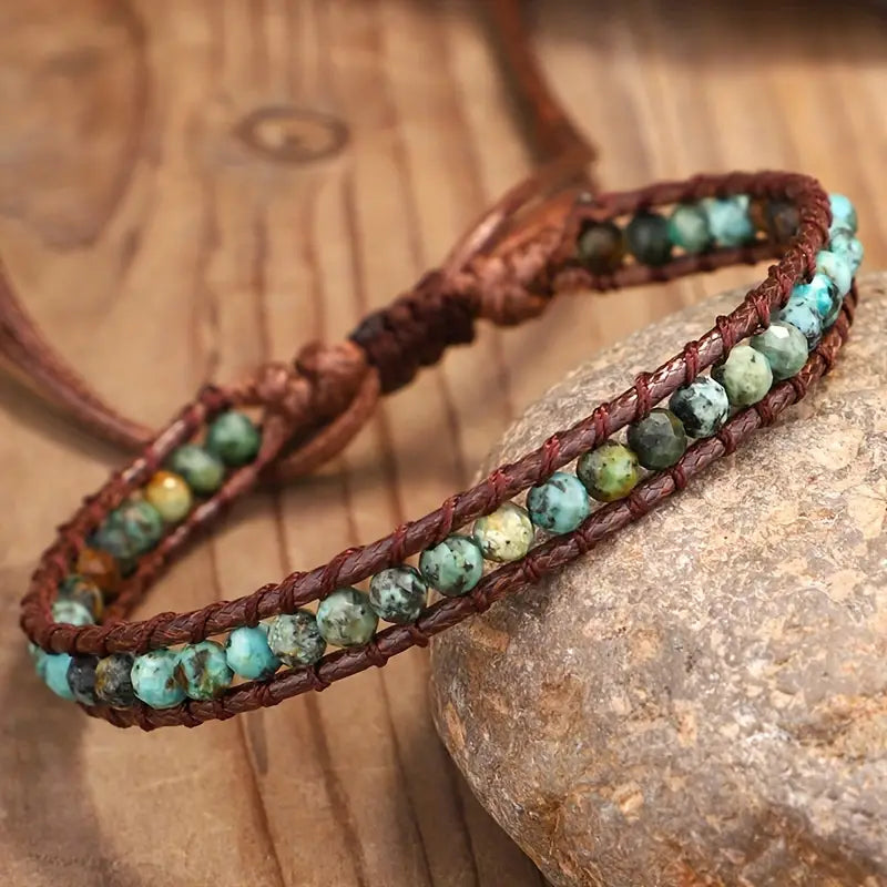Turquoise Stone Bracelet Braided on Brown Cord
