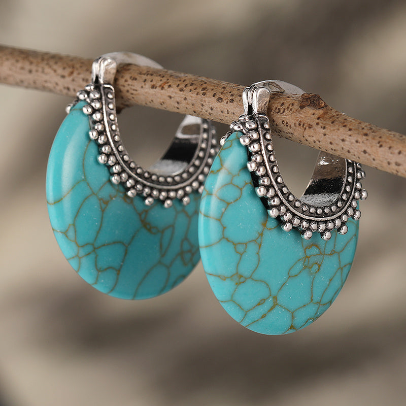 Turquoise Crescent Silver-Plated Hoop Earrings