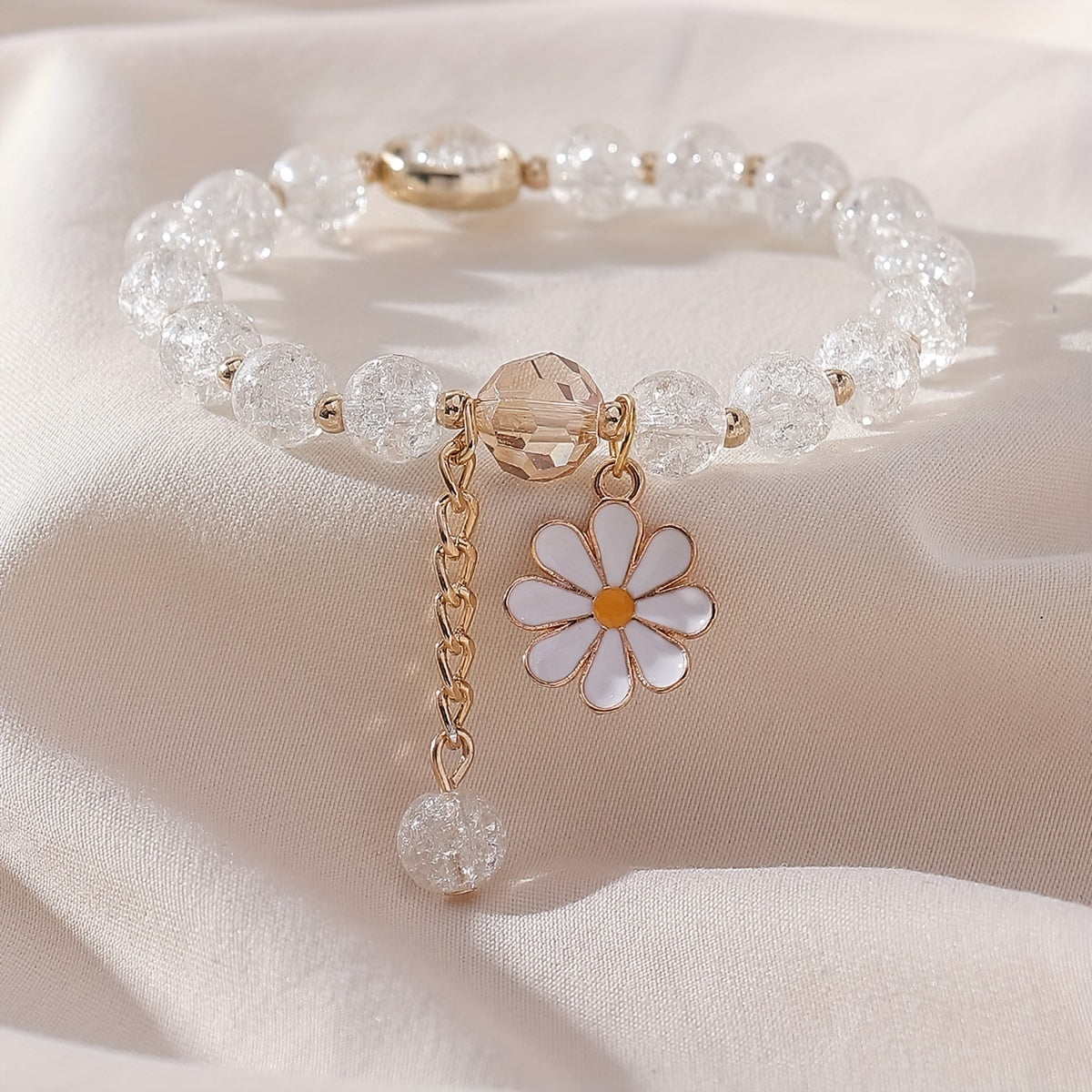 Crackle Glass Bead Bracelet with Daisy Pendant