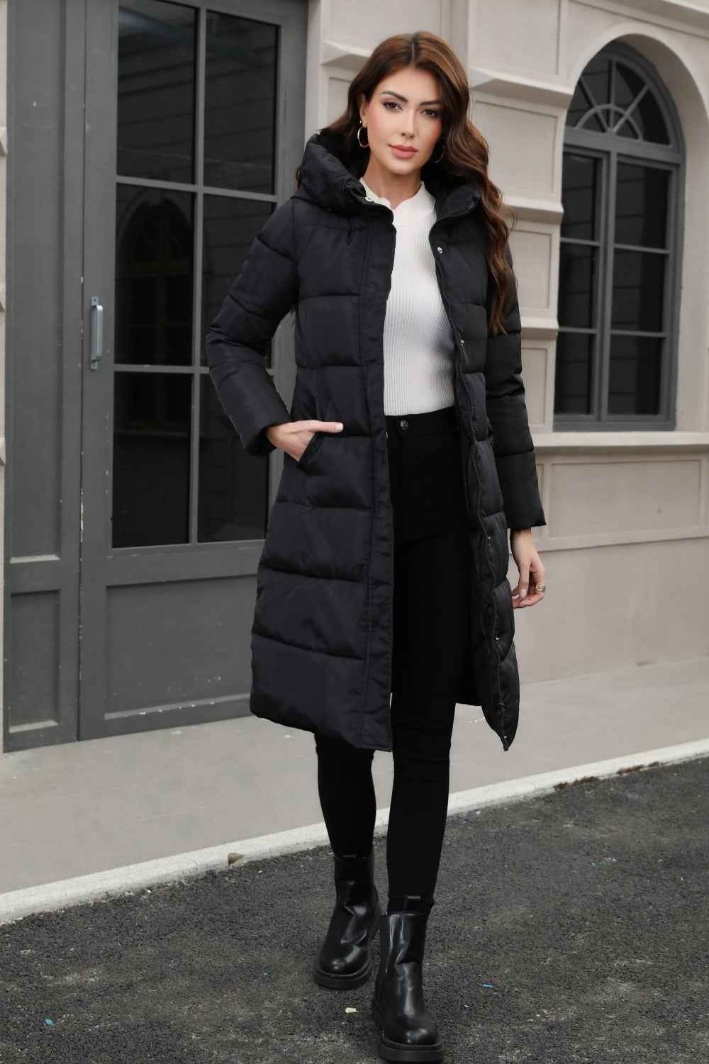Hooded Longline Padded Jacket with Concealed Button Front