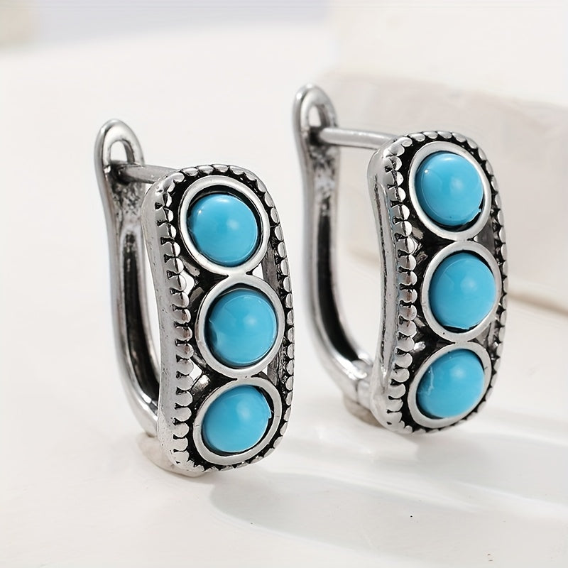 Brincos de Argola Grossos Vintage com Turquesa Banhados a Prata