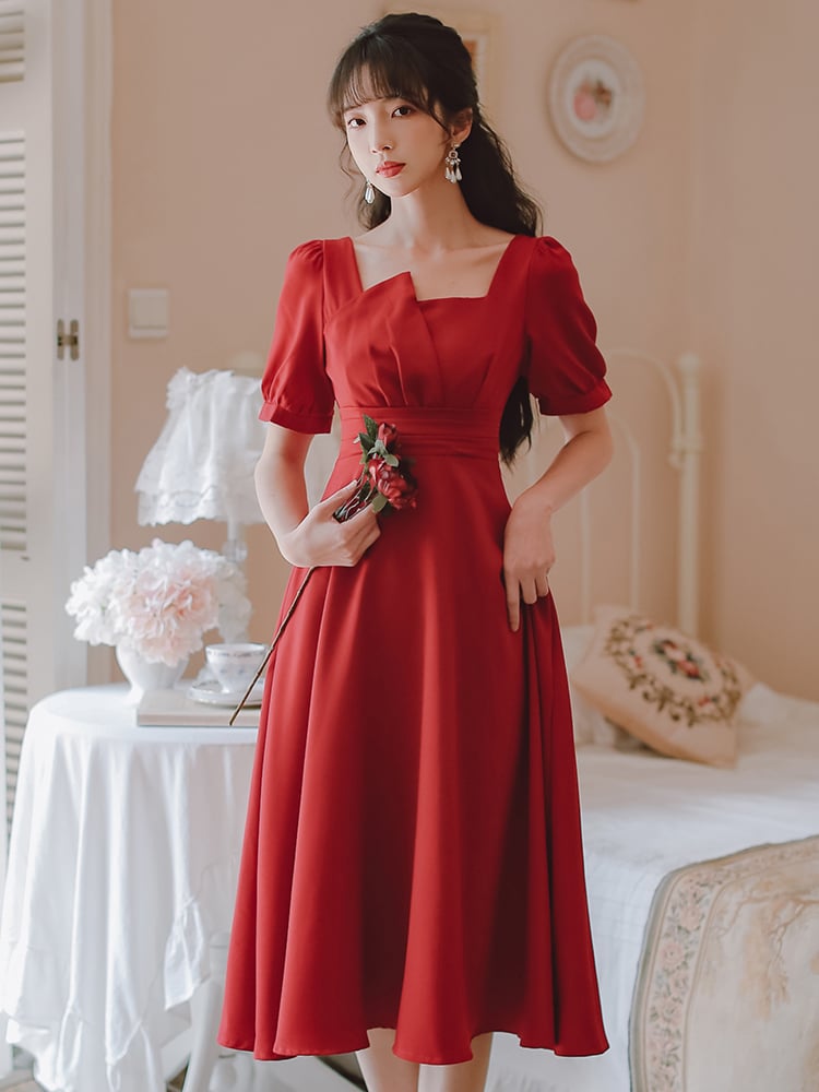 Red A-Line Square Collar Midi Dress