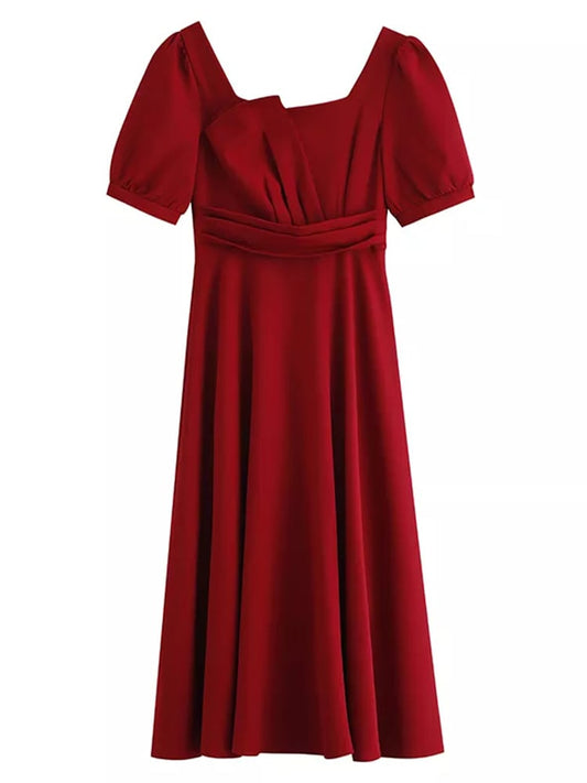 Red A-Line Square Collar Midi Dress