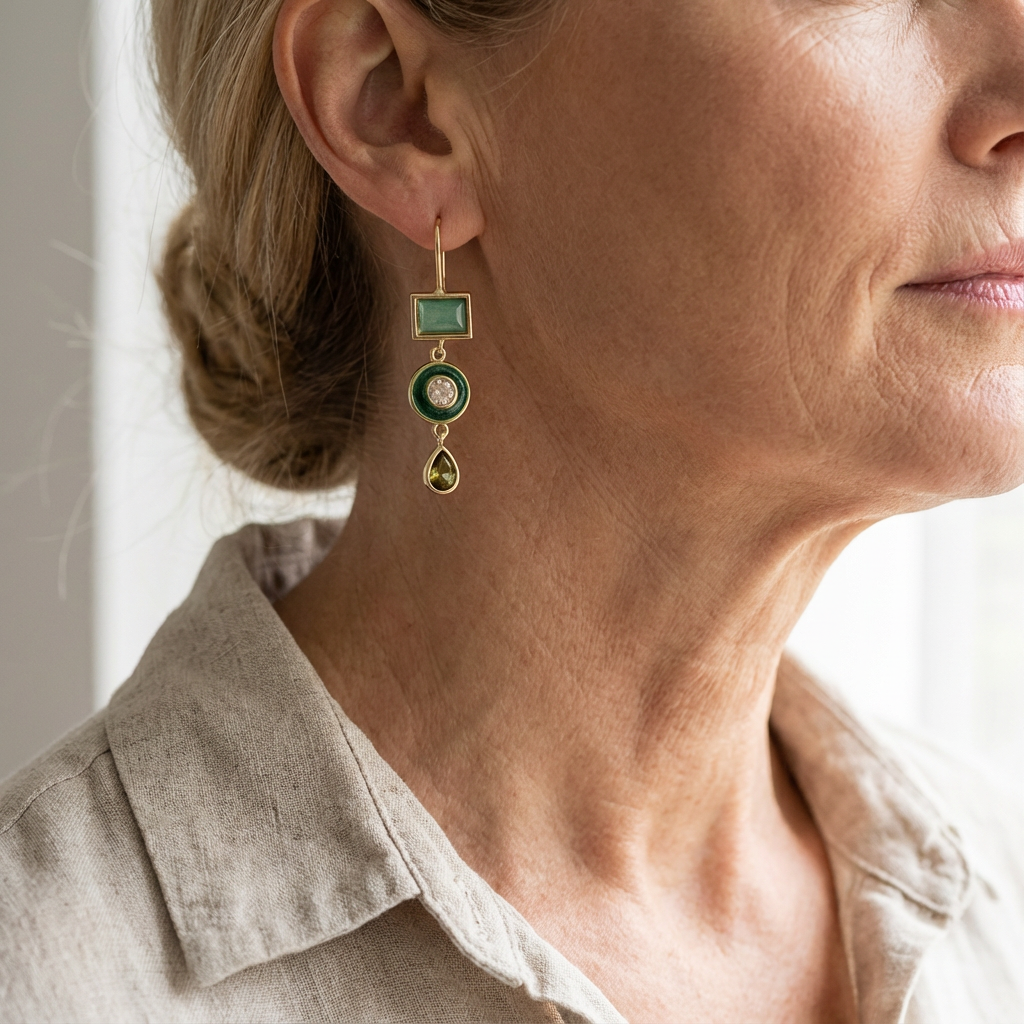 Vintage Geometric Green Stone Gold-Tone Drop Earrings