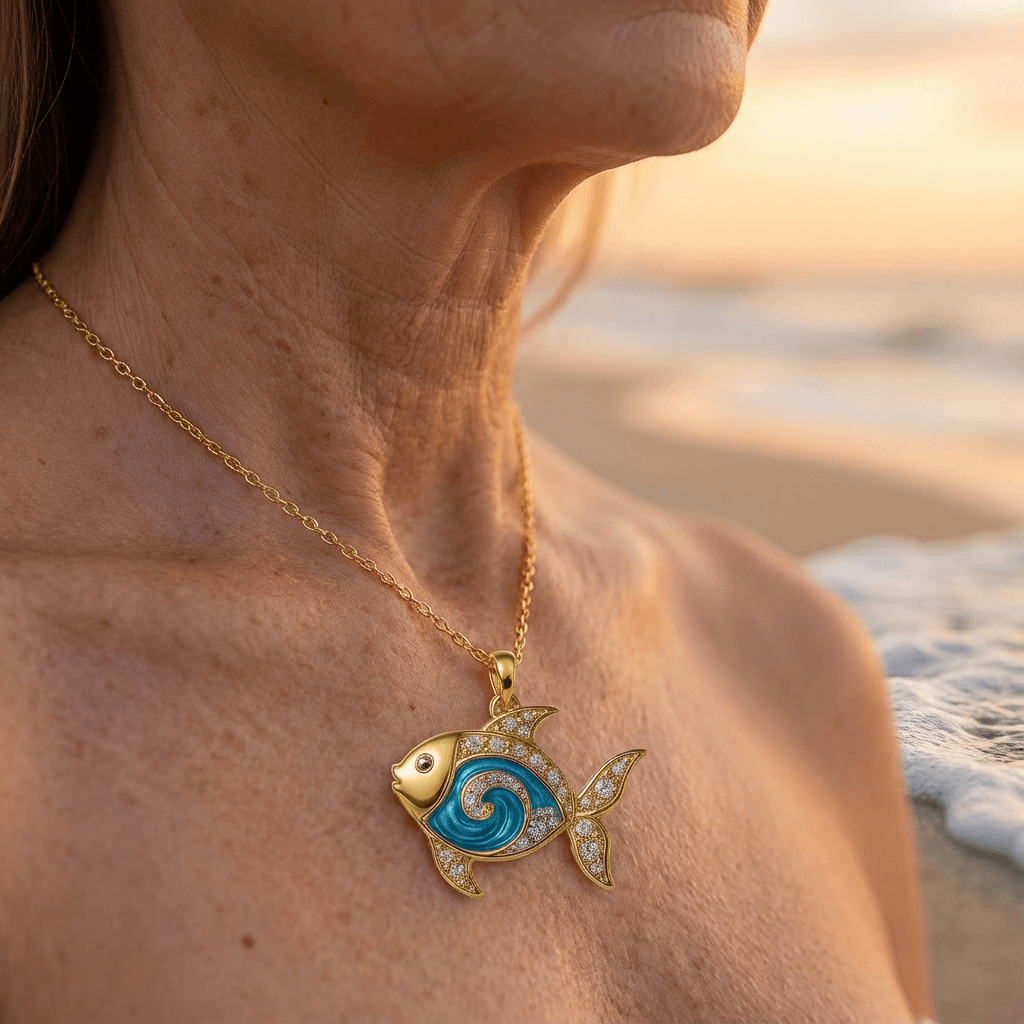 Gold-Tone Fish Necklace with Blue Opal-Look and Crystal Details