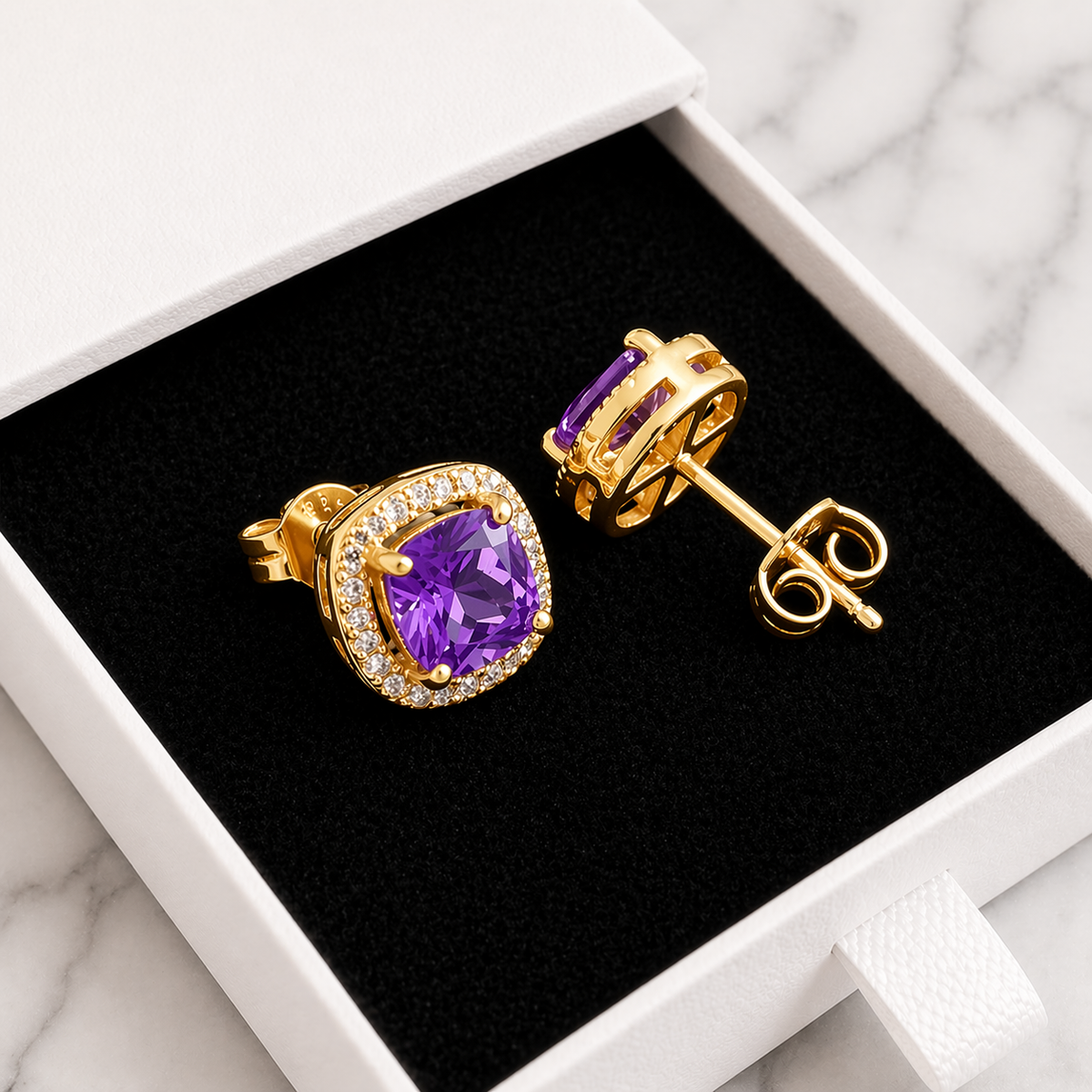 Amethyst-Look Square Stud Earrings in Gold Tone