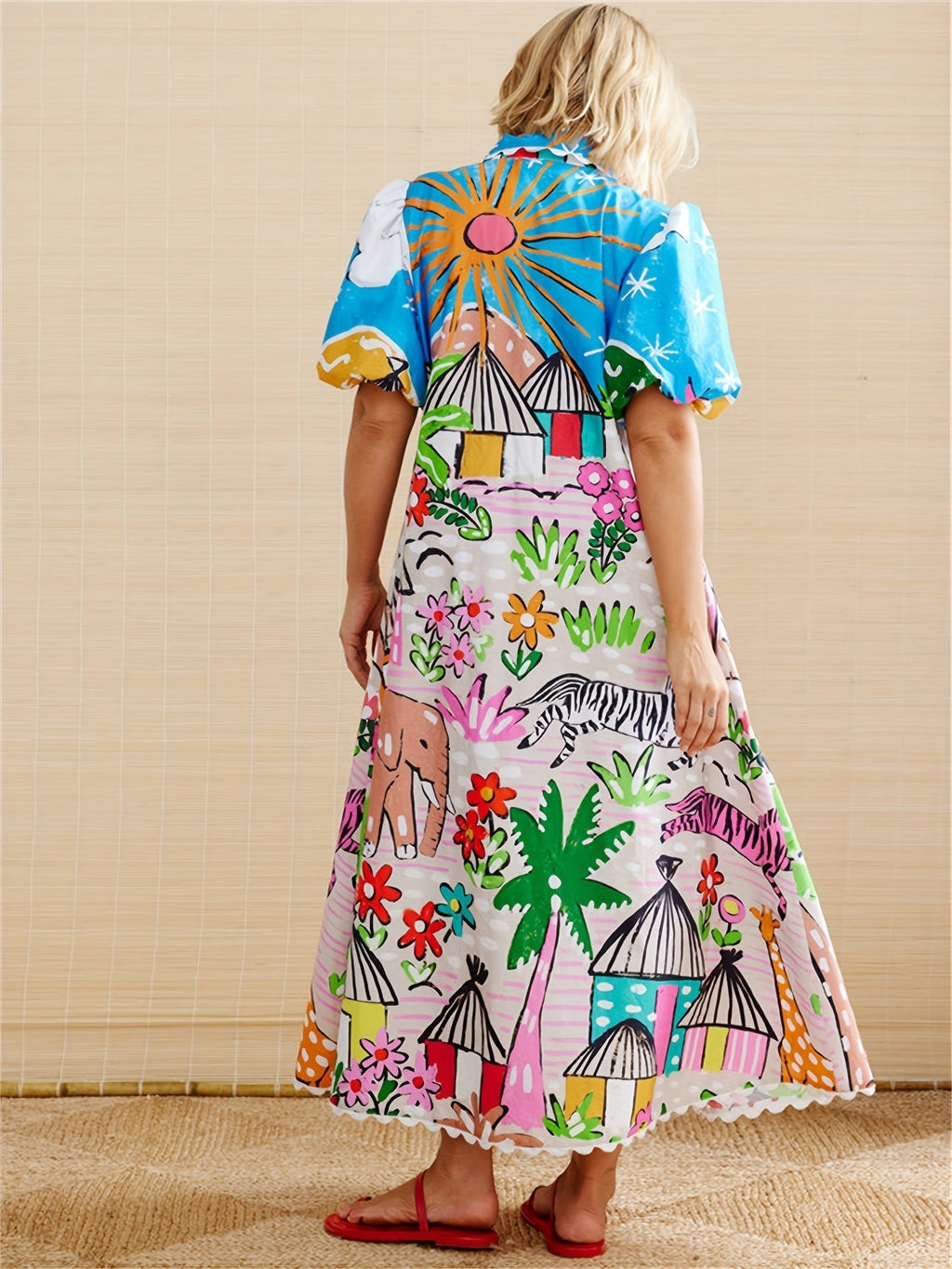 Printed Short Sleeve Button-Front Shirt Maxi Dress