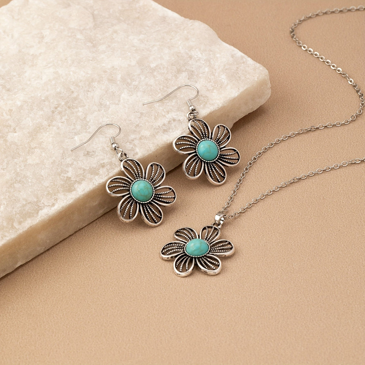 Vintage Boho Turquoise Flower Earrings and Necklace Set
