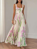 Geplooide chiffon maxi-jurk met vierkante hals en A-lijn rok