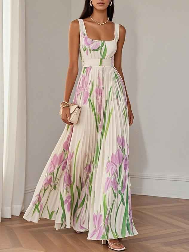 Geplooide chiffon maxi-jurk met vierkante hals en A-lijn rok