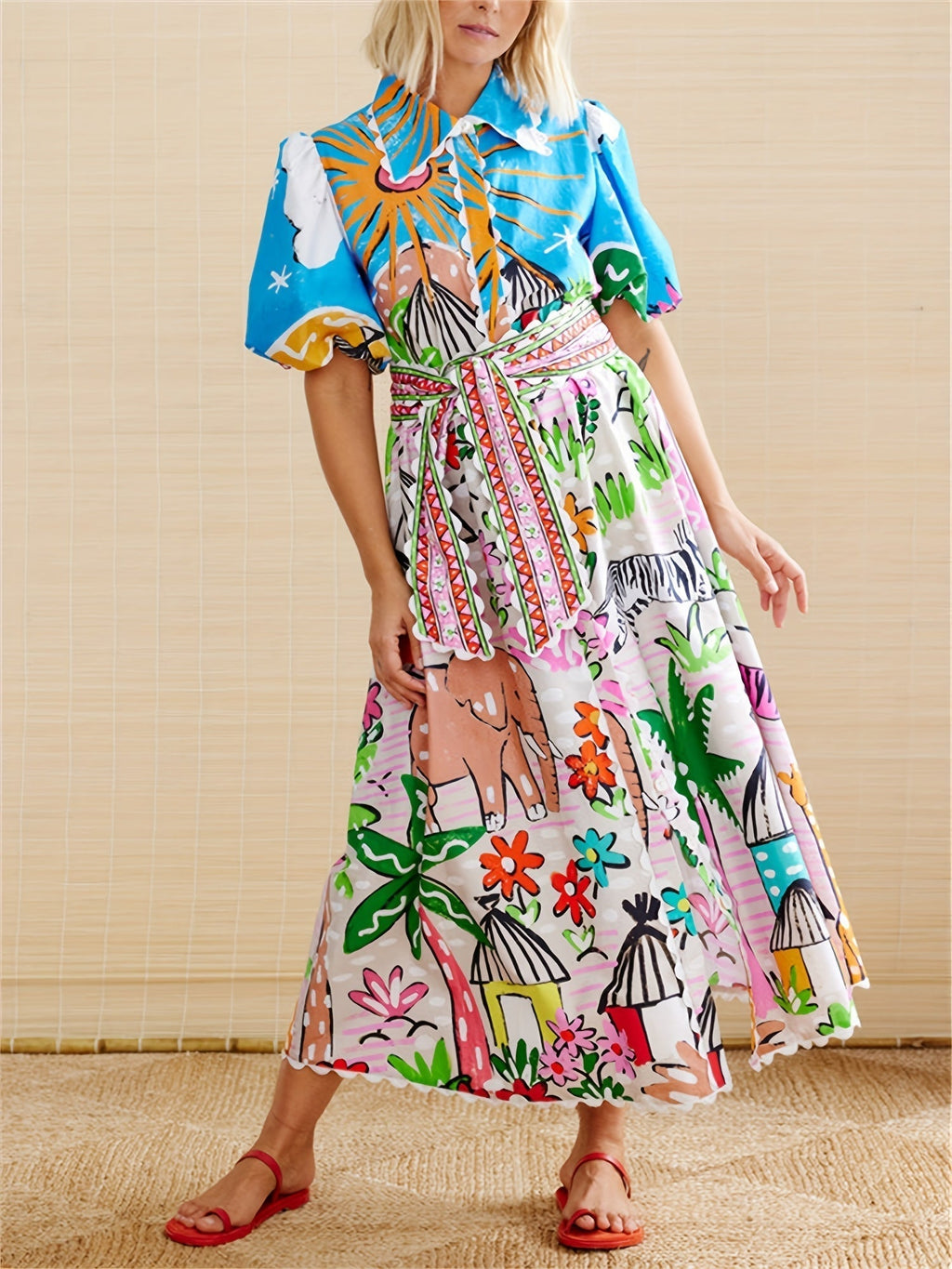 Printed Short Sleeve Button-Front Shirt Maxi Dress
