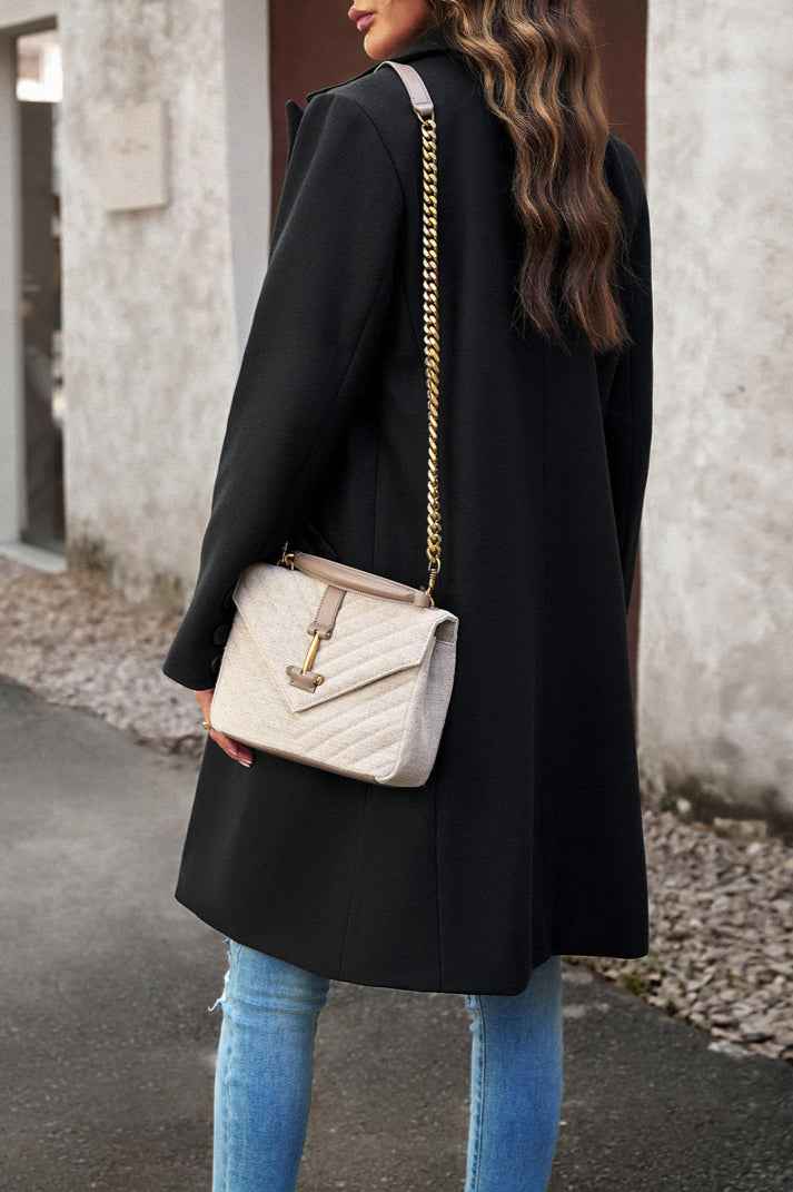 Solid Colour Longline Coat with Notched Collar and Buttons