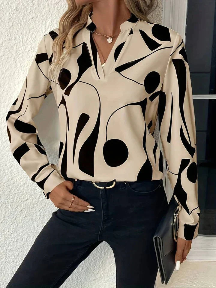 Geometric Print V-Neck Blouse
